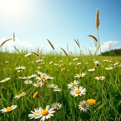 A sunny afternoon on the meadow with daisies and buttercups swaying in the wind, warm, buttercups © Kittiya