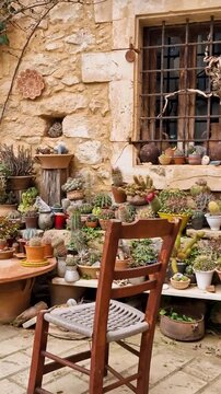 Greece Crete Margarites Vertical 4K Video of Cozy Village Corner with Greek Wooden Chairs Table Pottery Pots Flowers and Cactus on Old Sandstone Street Rustic Charm