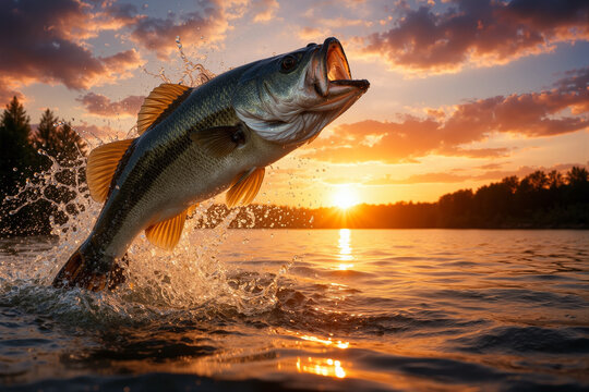 Largemouth bass jumping out of lake at sunset, dynamic freshwater fishing action with water splash and dramatic golden sky