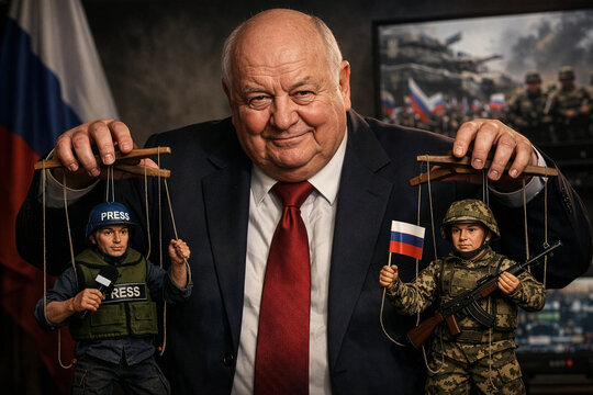 Senior Russian politician controlling press and soldier like puppets, symbolic propaganda, media manipulation and political power concept