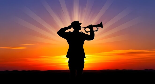Memorial day remembrance silhouette of a bugler playing taps at sunset
