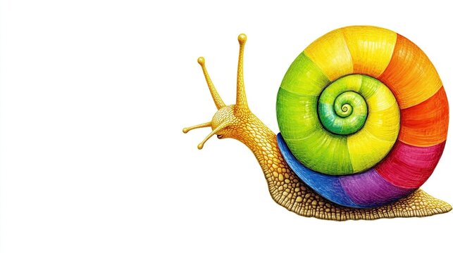 Vibrantly Colored Rainbow-Shelled Snail Moving Across a Clean White Studio Background