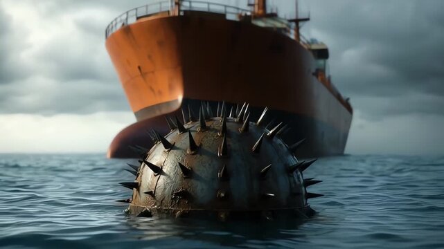 Rusty naval contact mine floating on ocean waves with cargo tanker approaching in maritime threat scenario