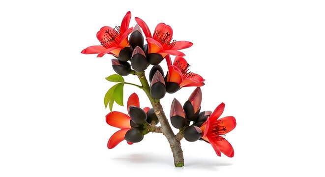 "Red Silk Cotton Tree Branch Blooming Flowers With Dark Buds"