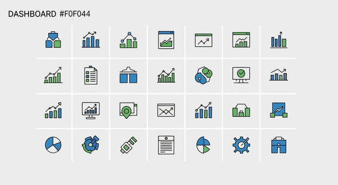 Collection of finance and data analytics icons in blue and green for digital dashboards and business presentations