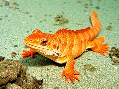 Alluring orange lizardfish resting on ocean floor sandy habitat wildlife marine animal, marine life, underwater photography