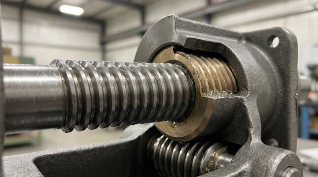 Closeup of a machine screw jack assembly demonstrating precise threaded components for smooth linear motion in industrial lifting applications.