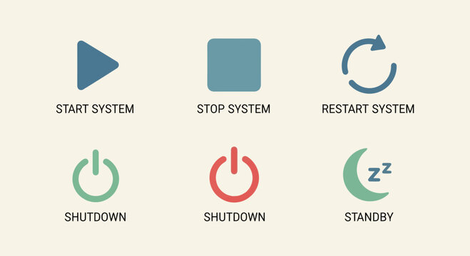 Collection of user interface icons representing system controls like play, stop, restart, shutdown, and standby modes