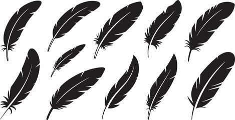 Set of black feather silhouettes isolated on transparent background bird quill collection for icons. Vector Illustration © MstSima