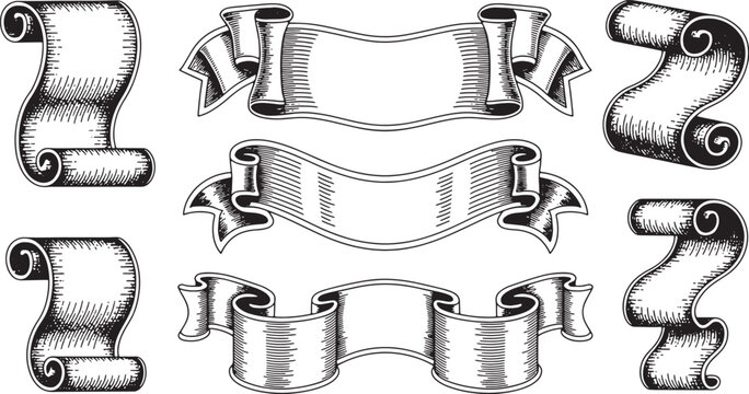 Collection of vintage parchment scrolls and ribbon banners with engraved woodcut texture for labels. Vector Illustration