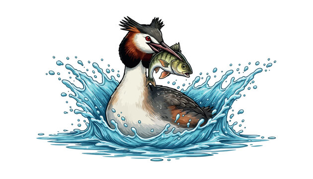Vsai great crested grebe catching fish in water splash