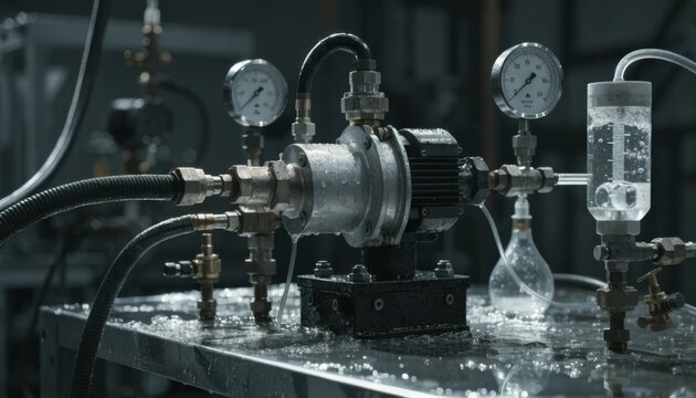 Highpressure pump under evaluation on test equipment focusing on gauges and meters capturing oil flow rate in industrial performance testing.