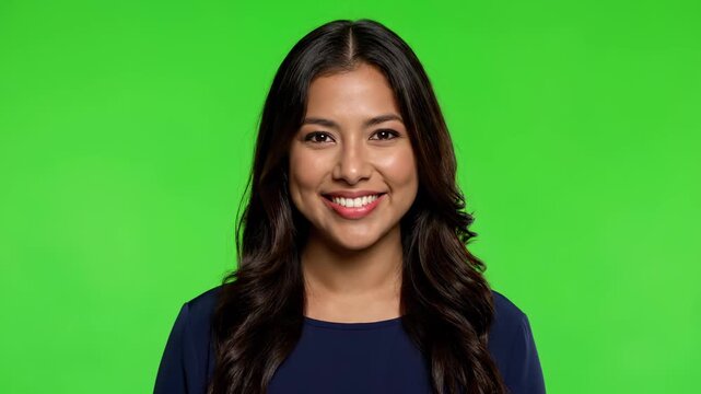 Radiant Confidence: A portrait of a woman of color, her warm smile and direct gaze convey an aura of poise and assurance, poised against a vibrant green backdrop.