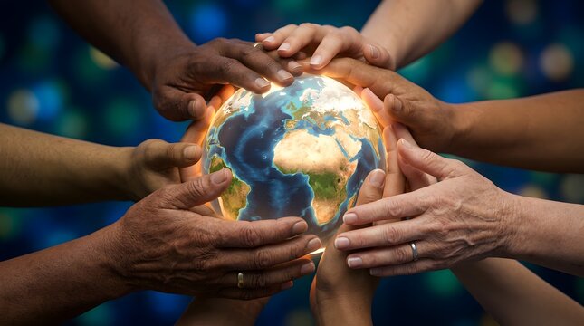Diverse Hands Holding Illuminated Earth Globe: Global Unity & Environmental Stewardship