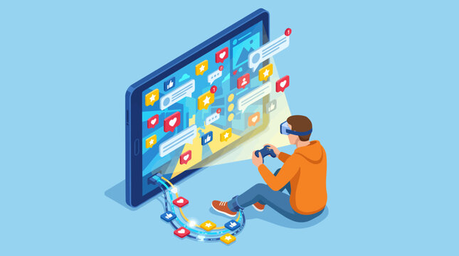An isometric illustration of a gamer sitting and interacting with a large screen full of social media notifications, blending gaming and digital communication in modern culture.
