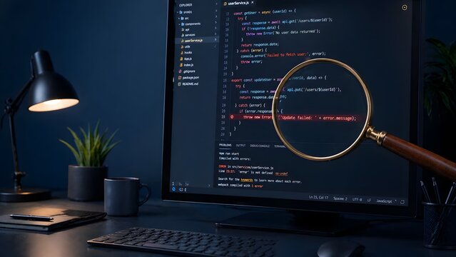 Magnifying glass examining computer code on a monitor to find software bugs and fix programming errors