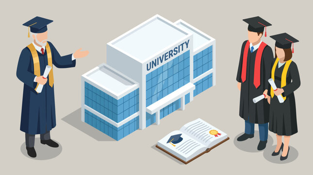 A celebratory scene depicting graduates in caps and gowns gathered in front of a modern university building, symbolizing accomplishment and education.