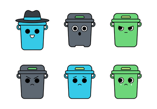 Trash Bin Kawaii Characters Mascot, Garbage Can with Cute Faces, Waste Management Container Set, Recycling Utility Icons Flat Vector Illustration