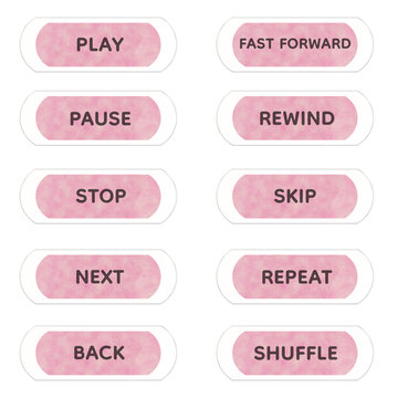 Luxury Pink Glitter Encapsulated in Transparent Glass 3D Media Control UI Button Set, Glossy Clear Capsule Buttons ,Feminine Soft Music Player Interface Isolated on Transparent Background