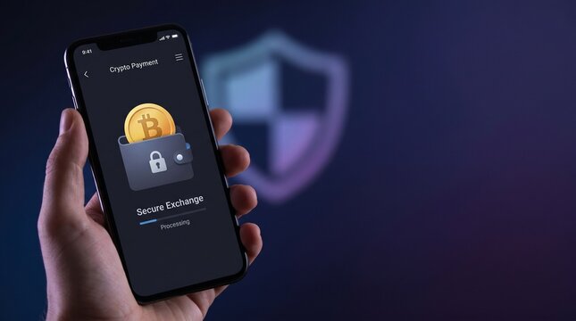 A hand using a smartphone interface displaying a secure crypto exchange in progress, with a Bitcoin wallet and lock icon against a blurred shield and dark blue background.