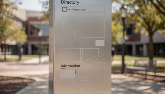 Detailed view of a university wayfinding pillar with a focused directory and blurred academic buildings and walkways creating depth.