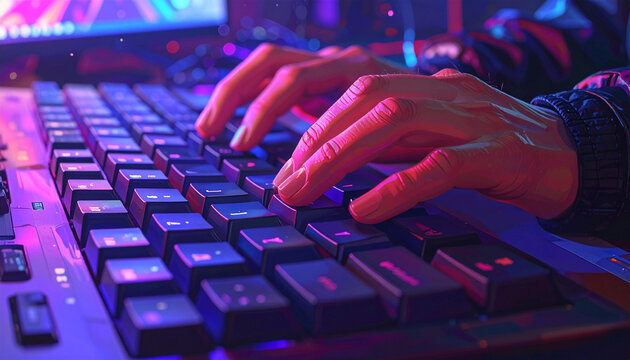 Hands typing on illuminated keyboard