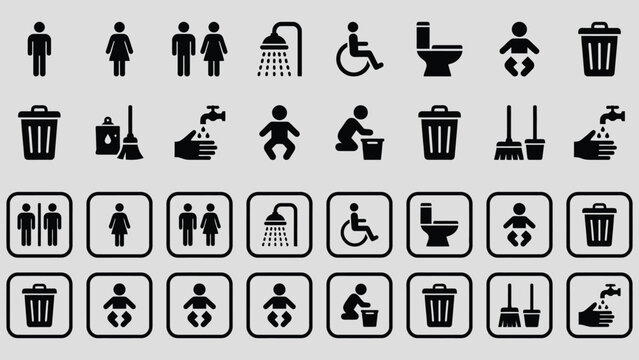 WC icon set. Toilet, restroom, male and female, bathroom, accessibility, waste bin, tissue roll, infant - stock graphic.