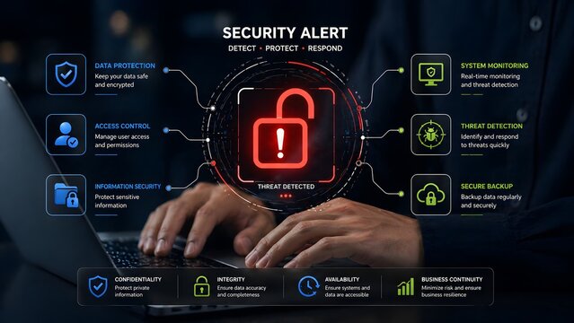 Cybersecurity alert concept with IT professional typing on laptop responding to a digital threat and data breach warning