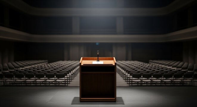 A dimly lit empty auditorium with a podium.