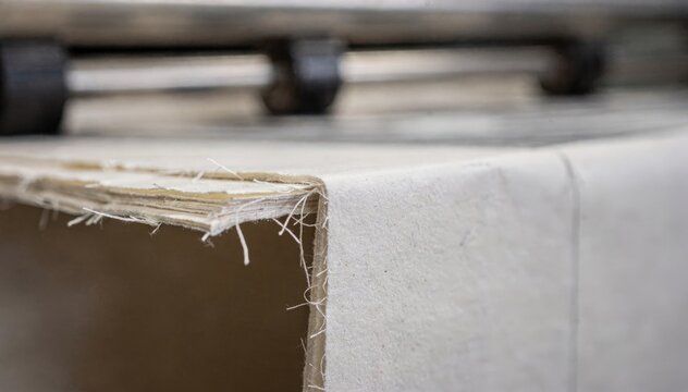 Crisp image of newsprint sheets being cut postprint emphasizing the paper fibers while the printing press parts fade out of focus behind.