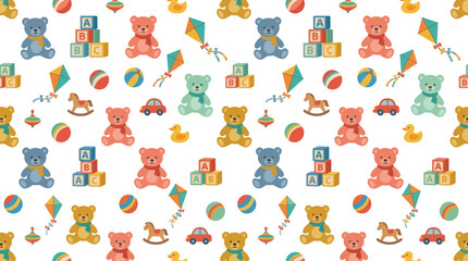 Fototapeta premium Cute Flat Kids Toys Seamless Pattern with Teddy Bears, Building Blocks Kites