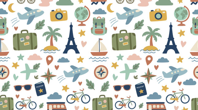 Cute Travel Pattern: Airplanes, Suitcases, and Eiffel Tower