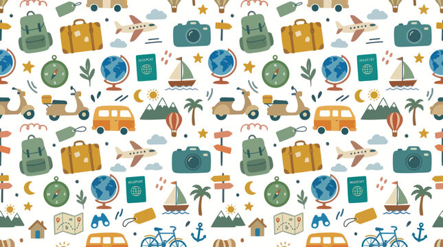 Travel seamless pattern, cartoon style, luggage, globes, planes, cameras