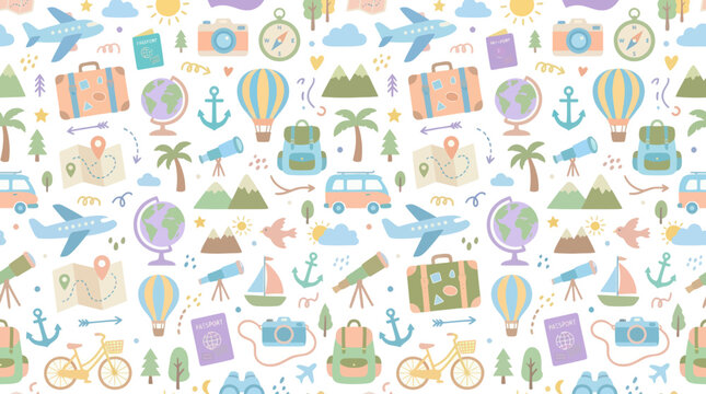 Flat Design Travel and Tourism Seamless Pattern with Vacation Journey Elements and Icons