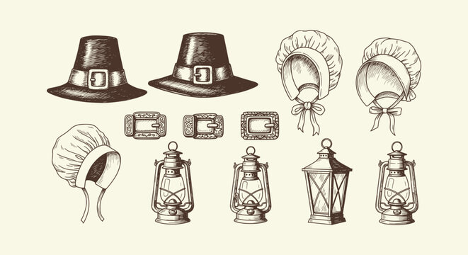 Hand Drawn Vintage Pilgrim Hat Bonnet Buckle and Lantern Collection for Thanksgiving History Decor
