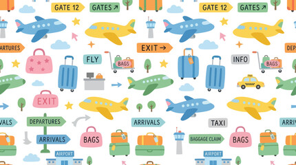 Fototapeta premium Flat Design Airport Pattern with Airplanes and Luggage, Travel Theme