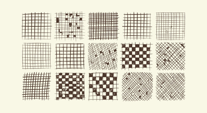 Vintage Style Hand-Drawn Grid and Crosshatch Pattern Set Ink Sketch Textures for Creative Design.