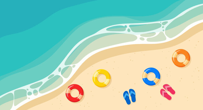 Top View Summer Beach Background with Colorful Swim Rings and Flip Flops Vector Illustration