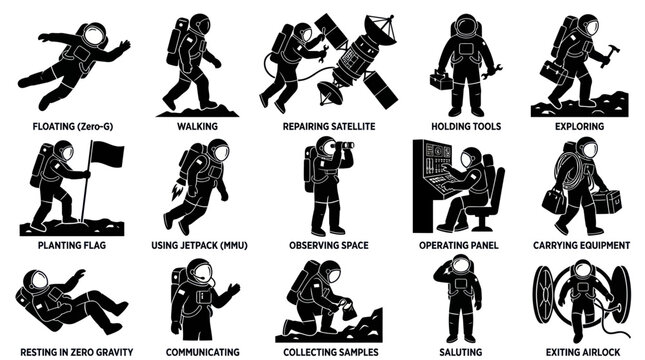 Astronaut Icons: Space Exploration Activities - Black and White Vector Art