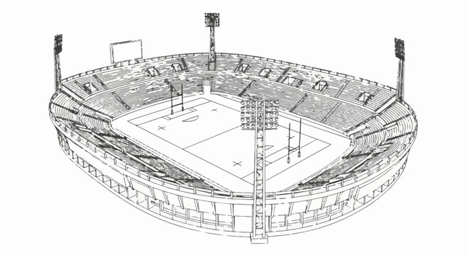 Wireframe sketch of an empty outdoor stadium with seating and lights