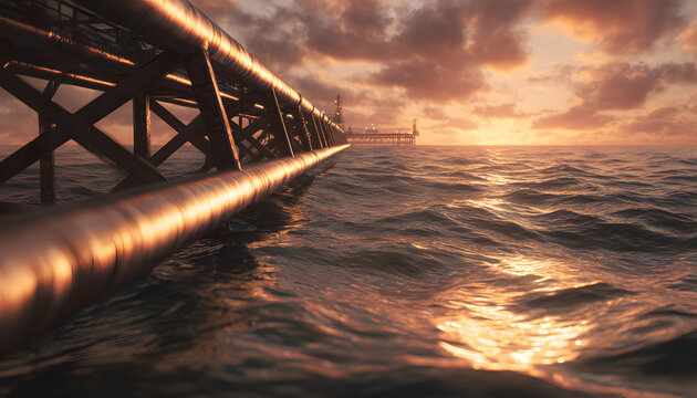 At sunset, an offshore industrial pipeline for hydrogen transport passes over ocean water. Metal infrastructure extends to a platform rig at sea. The warm golden hour light reflects on waves.