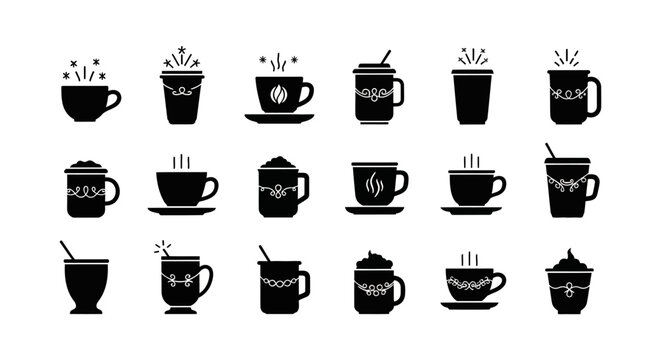 Set of fifteen flat black icons featuring stylized cups and mugs with decorative swirl patterns and festive star elements for hot beverages and coffee service