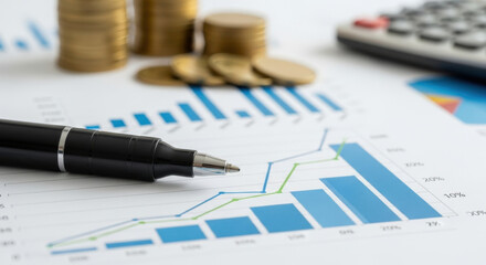 Obraz premium Financial Growth Analysis Charts Graphs Business Documents Pen Calculator Coins Investment Banking Stock Market Trading Data Management