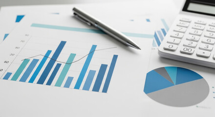 Fototapeta premium Financial Growth Analysis With Bar Graph, Pie Chart, Calculator, And Pen Tools For Business Strategy, Investment, Economic Insights