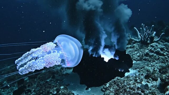 Bioluminescent Jellyfish and Hydrothermal Vent in Deep Ocean Abyss