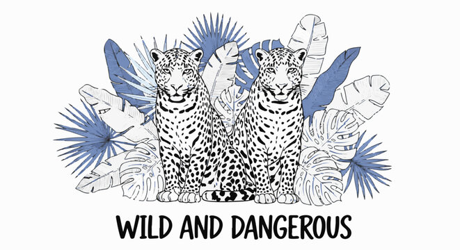 Two leopards sit amidst tropical leaves with text "WILD AND DANGEROUS" below