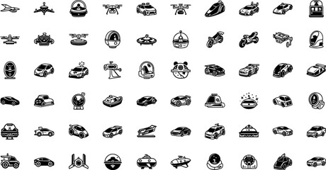 Fototapeta premium Set of black transportation featuring various futuristic vehicles, drones, and motorbikes