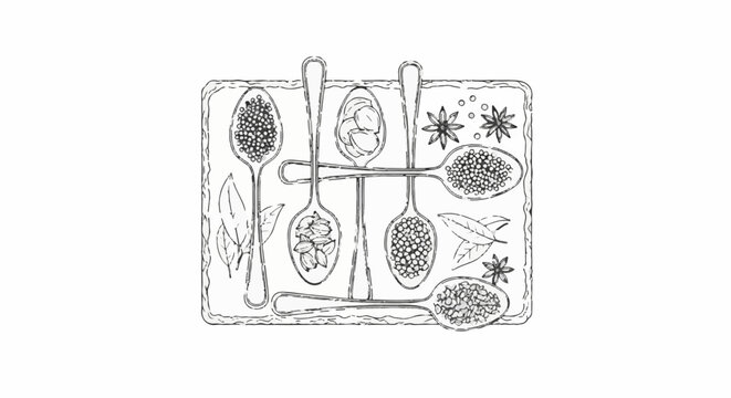 Various spices and herbs displayed in spoons on a textured platter