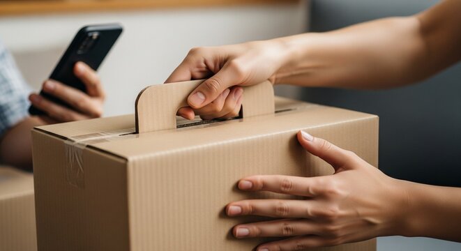 Hands holding a cardboard box with built-in handle for transport and a person holding a smartphone