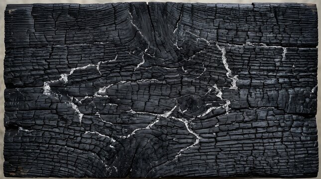 Detailed close-up of a darkly charred wooden plank showcasing its unique crackled texture and stark contrasting white ash.